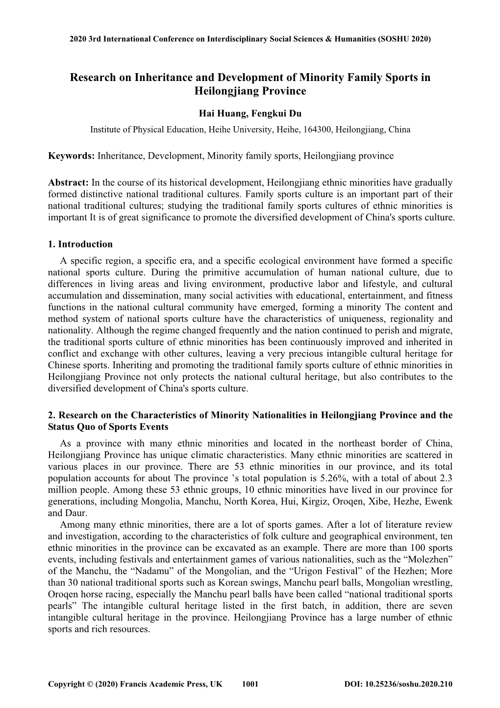 Research on Inheritance and Development of Minority Family Sports in Heilongjiang Province