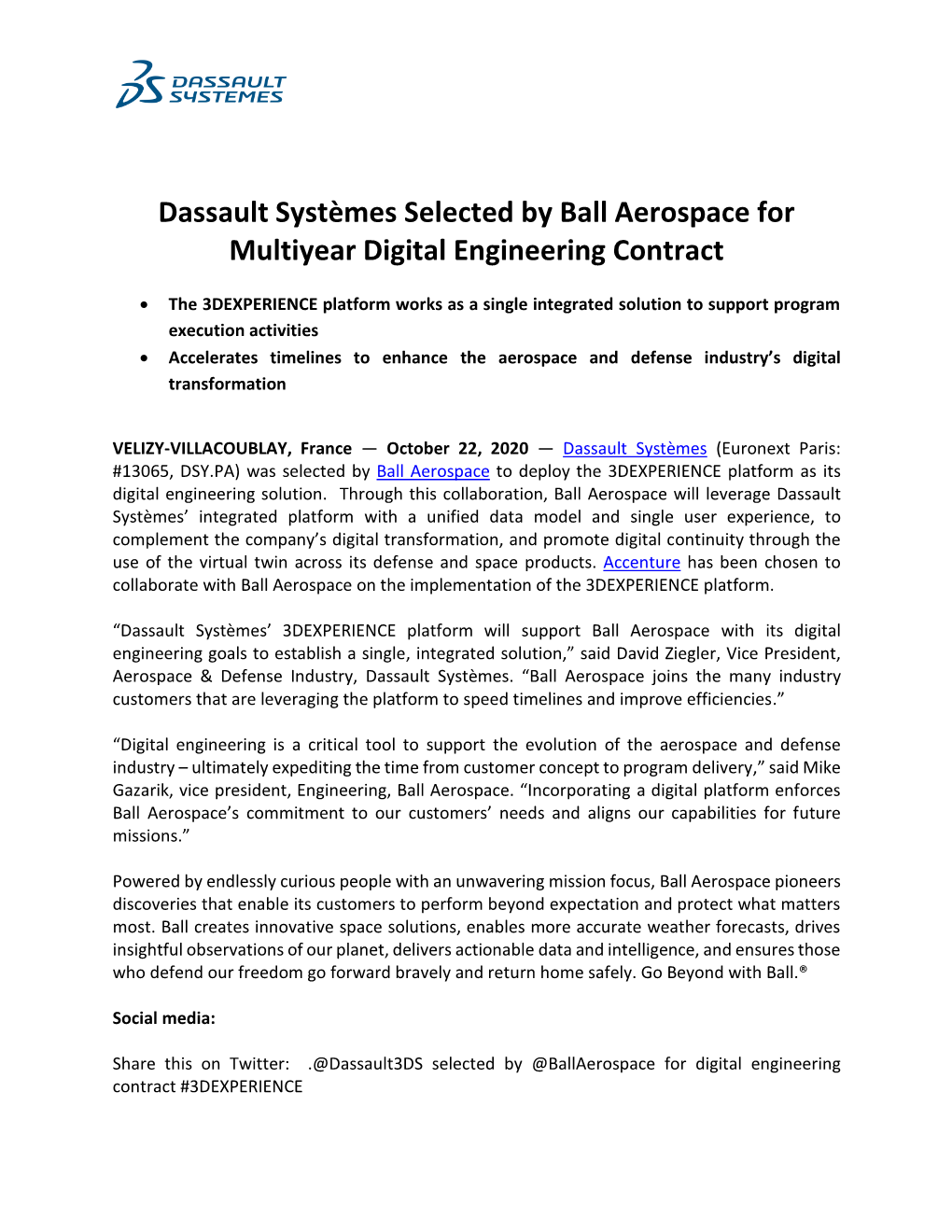 Dassault Systèmes Selected by Ball Aerospace for Multiyear Digital Engineering Contract