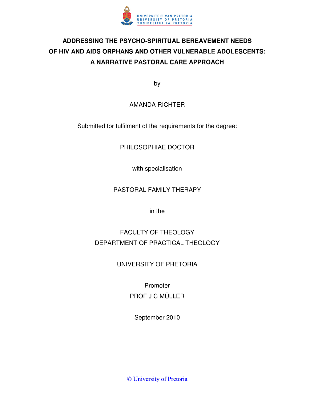 Addressing the Psycho-Spiritual Bereavement Needs of Hiv and Aids Orphans and Other Vulnerable Adolescents: a Narrative Pastoral Care Approach