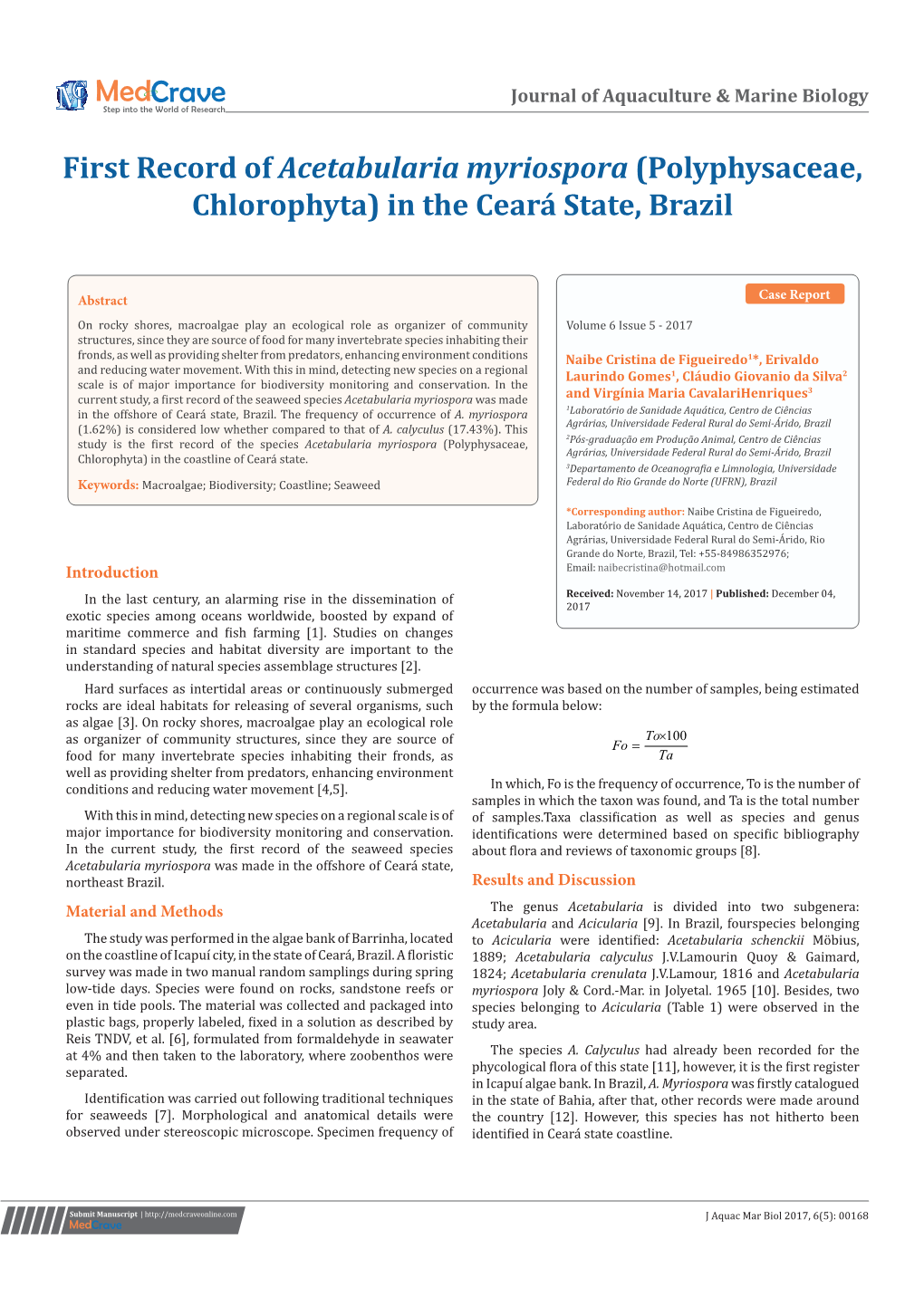 First Record of Acetabularia Myriospora (Polyphysaceae, Chlorophyta) in the Ceará State, Brazil