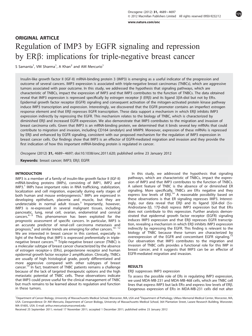 Regulation of IMP3 by EGFR Signaling and Repression by ER&Beta;: Implications for Triple-Negative Breast Cancer