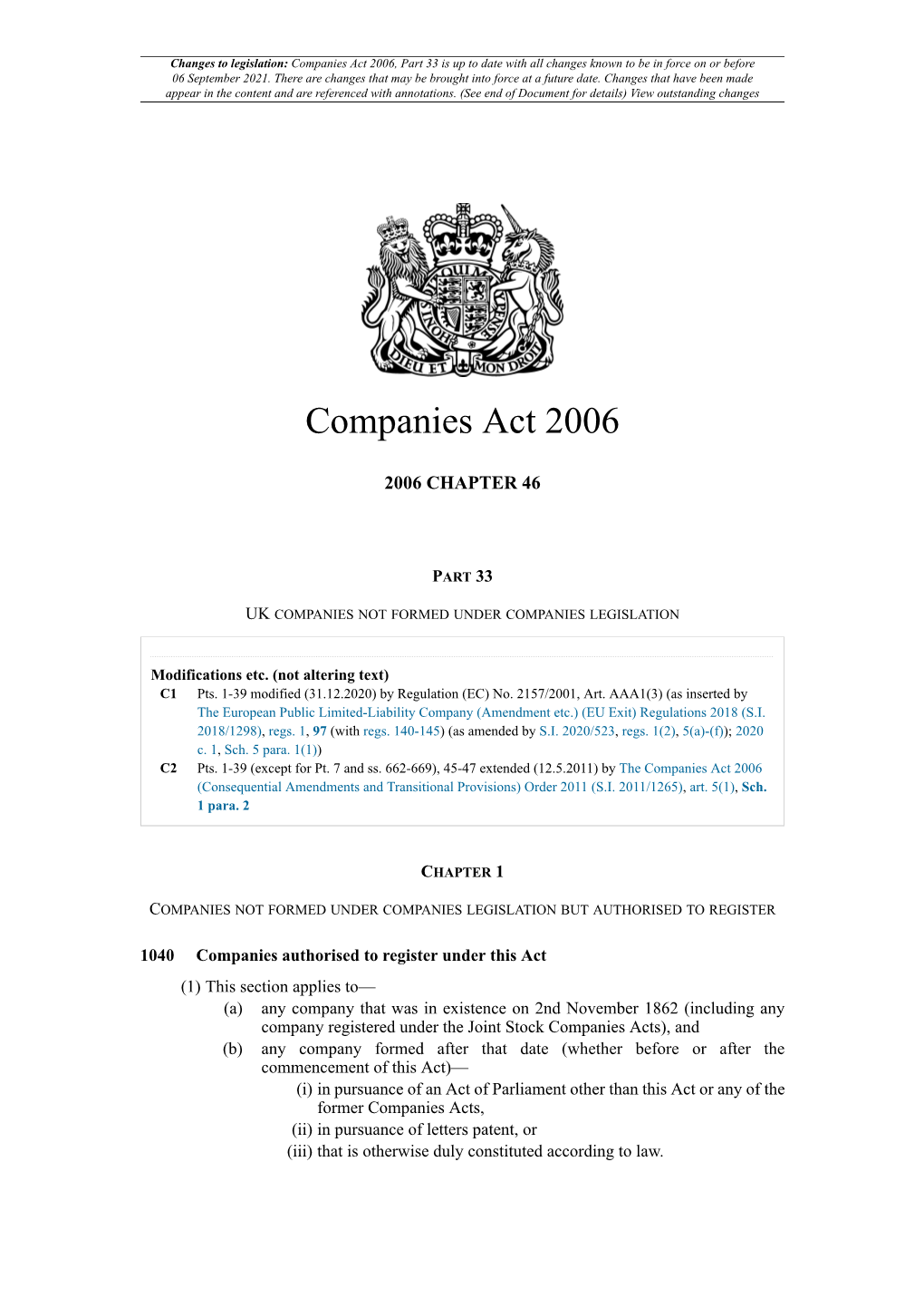 Companies Act 2006, Part 33 Is up to Date with All Changes Known to Be in Force on Or Before 06 September 2021