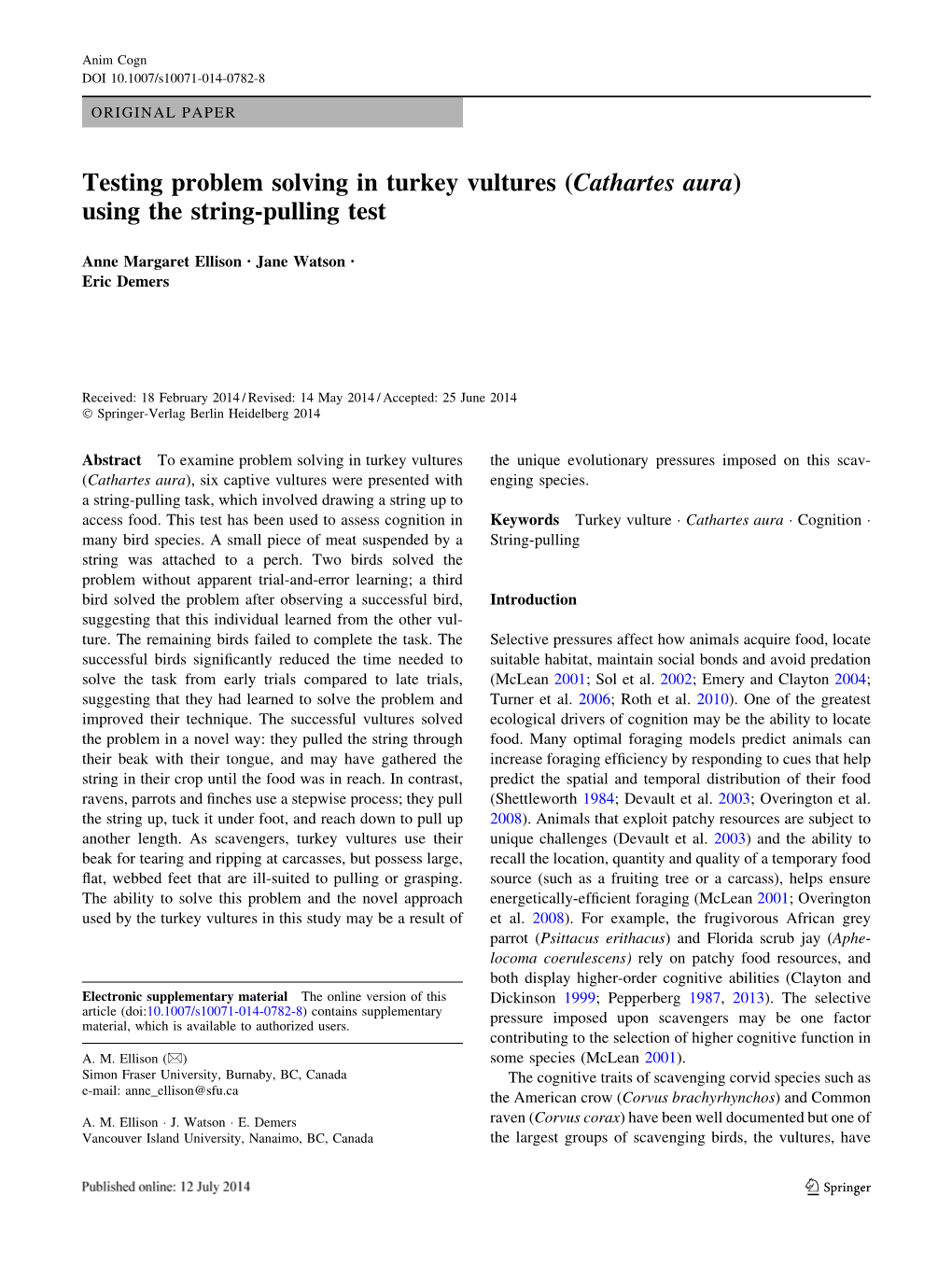 Cathartes Aura) Using the String-Pulling Test