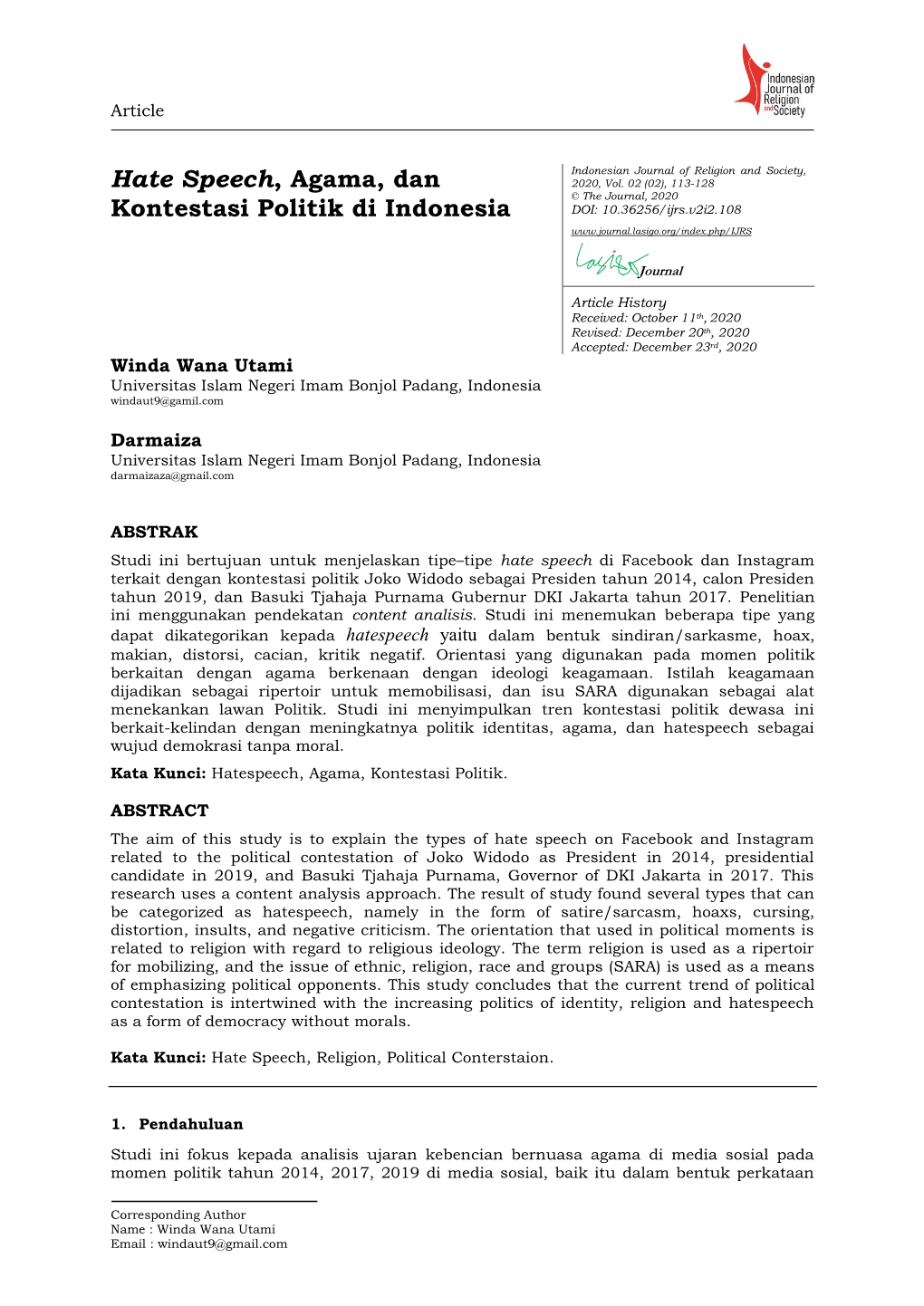 Hate Speech, Agama, Dan Kontestasi Politik Di Indonesia