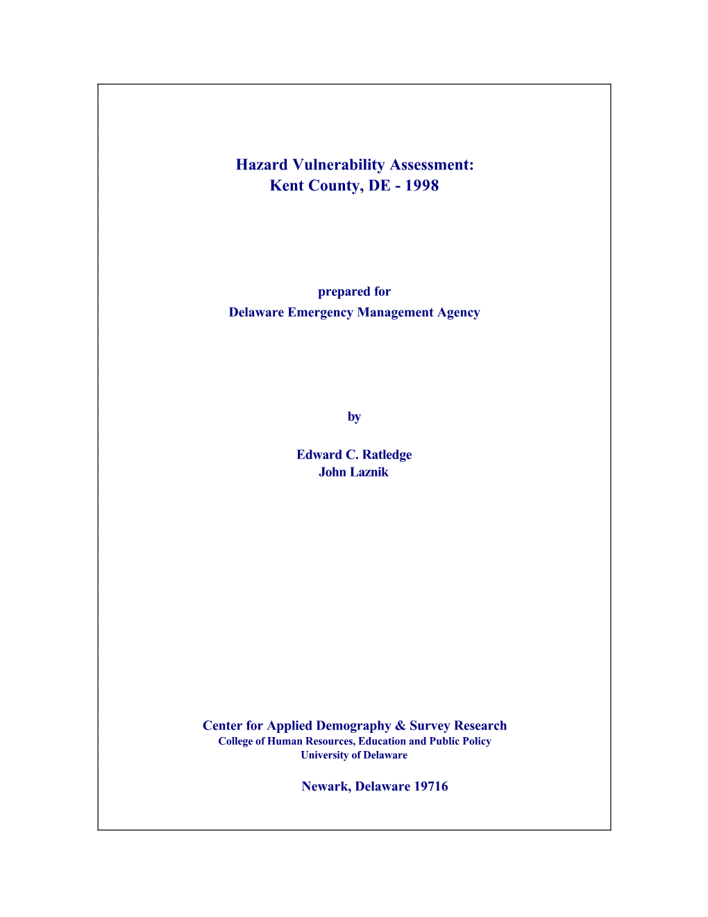 Hazard Vulnerability Assessment: Kent County, DE - 1998