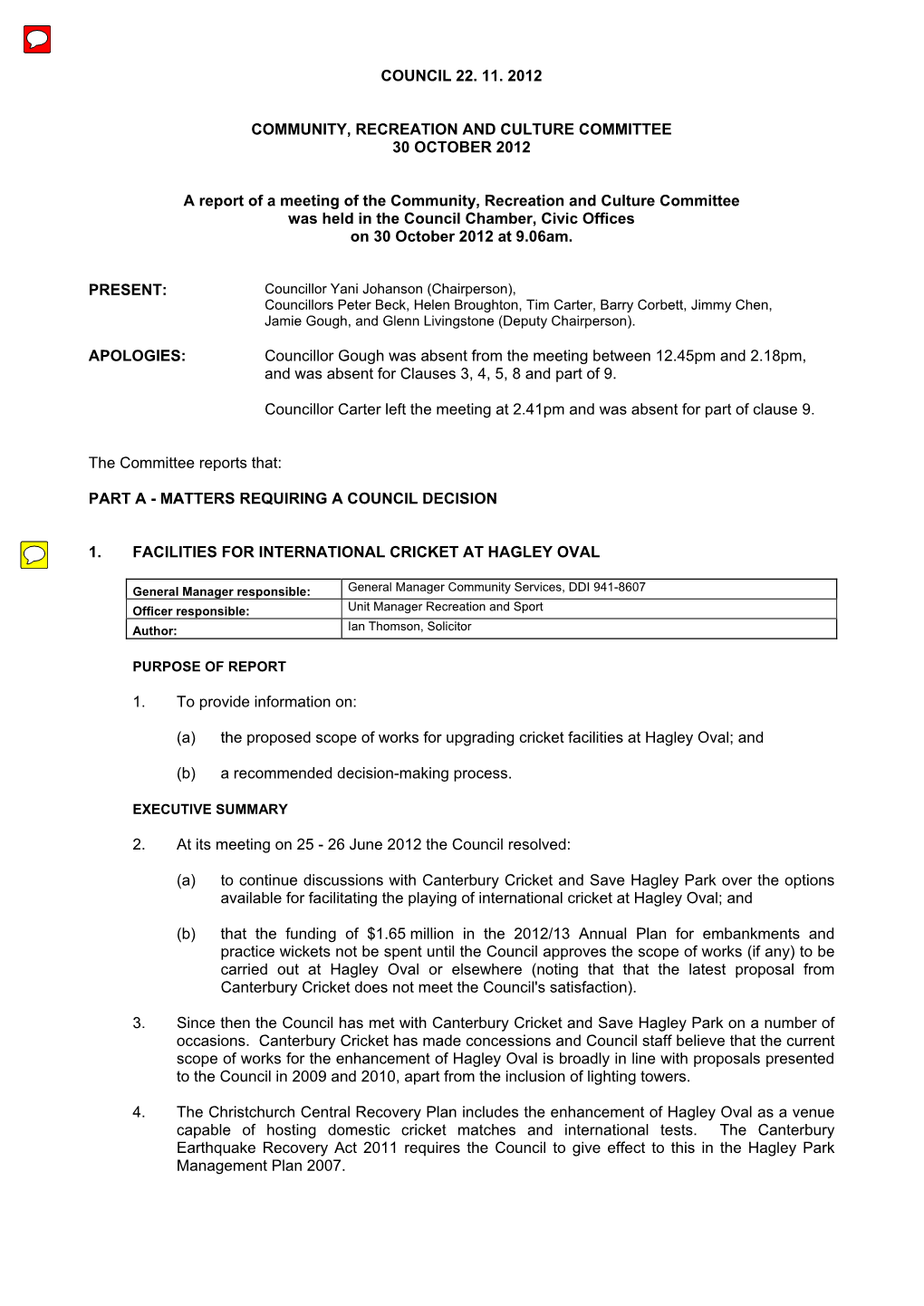 Report to Council 30 October 2012