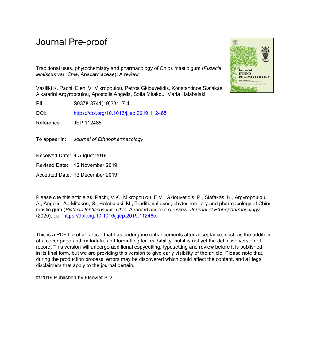 Traditional Uses, Phytochemistry and Pharmacology of Chios Mastic Gum (Pistacia Lentiscus Var