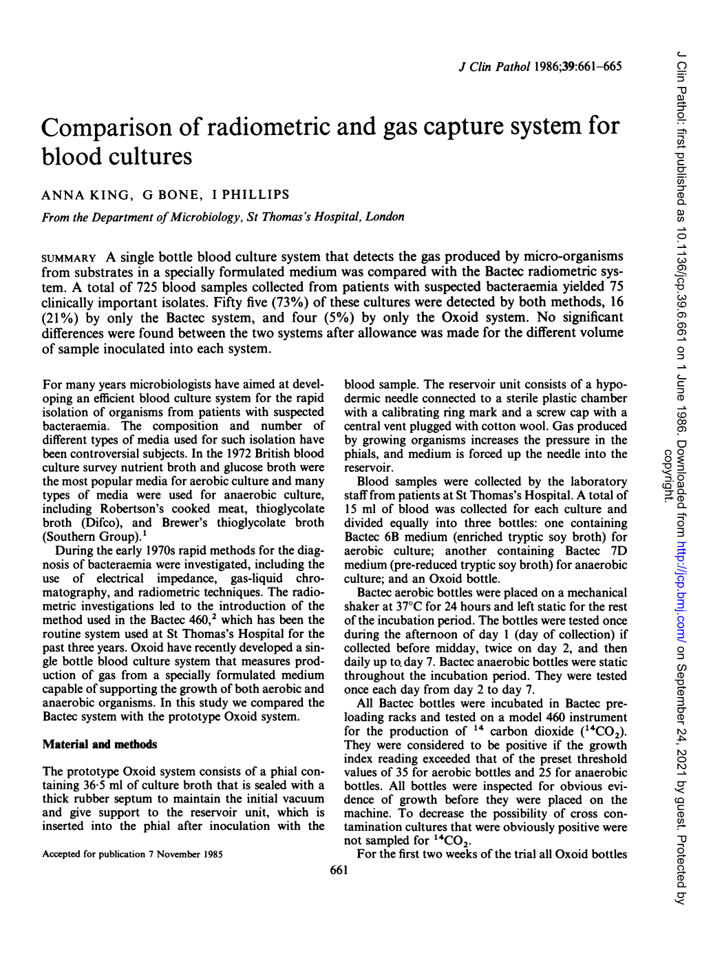 Comparison of Radiometric and Gas Capture System for Blood Cultures