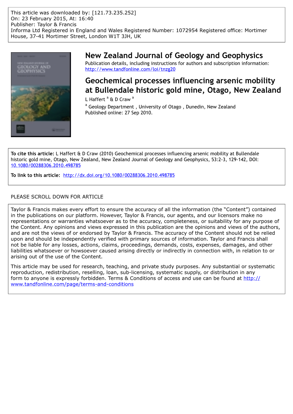 New Zealand Journal of Geology and Geophysics Geochemical Processes Influencing Arsenic Mobility at Bullendale Historic Gold