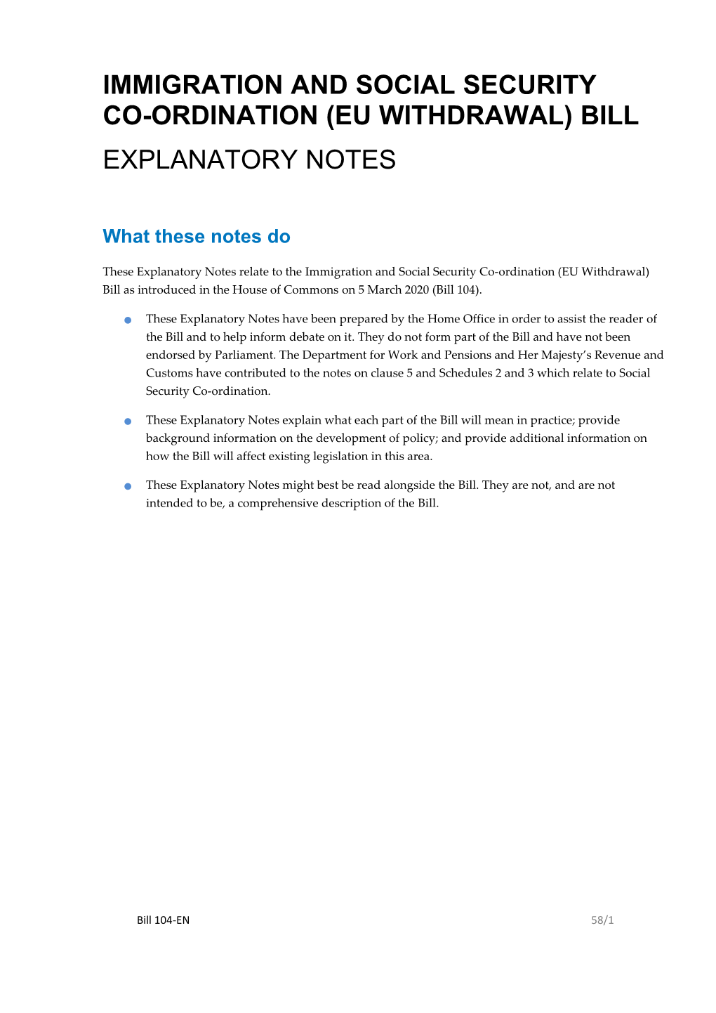 Bill 104-EN 58/1 Table of Contents