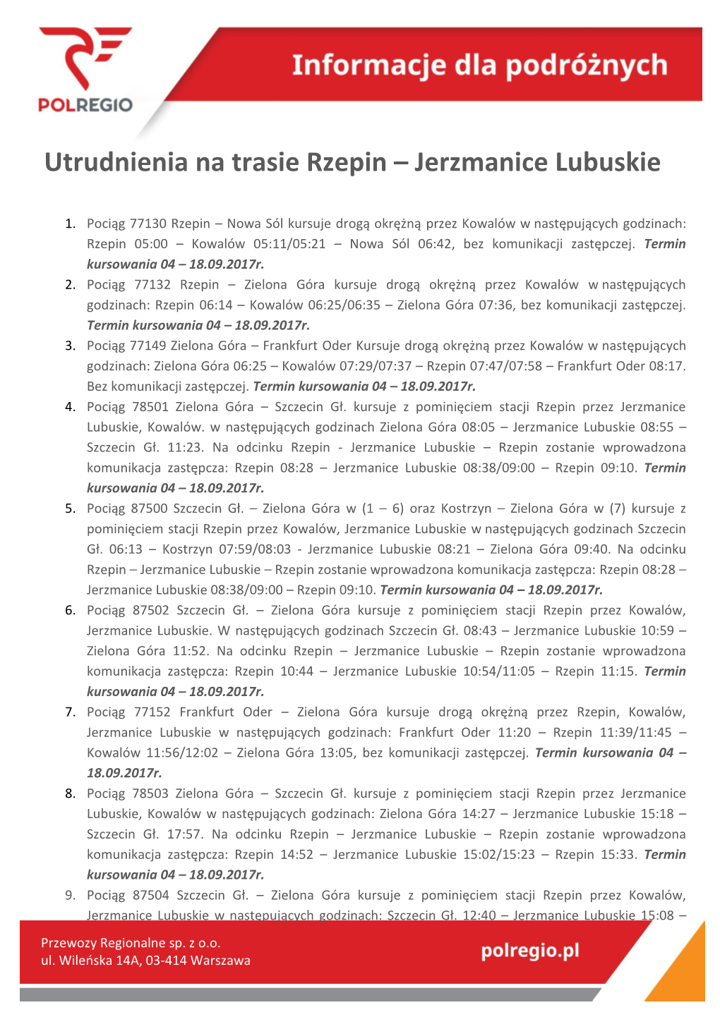 Utrudnienia Na Trasie Rzepin – Jerzmanice Lubuskie