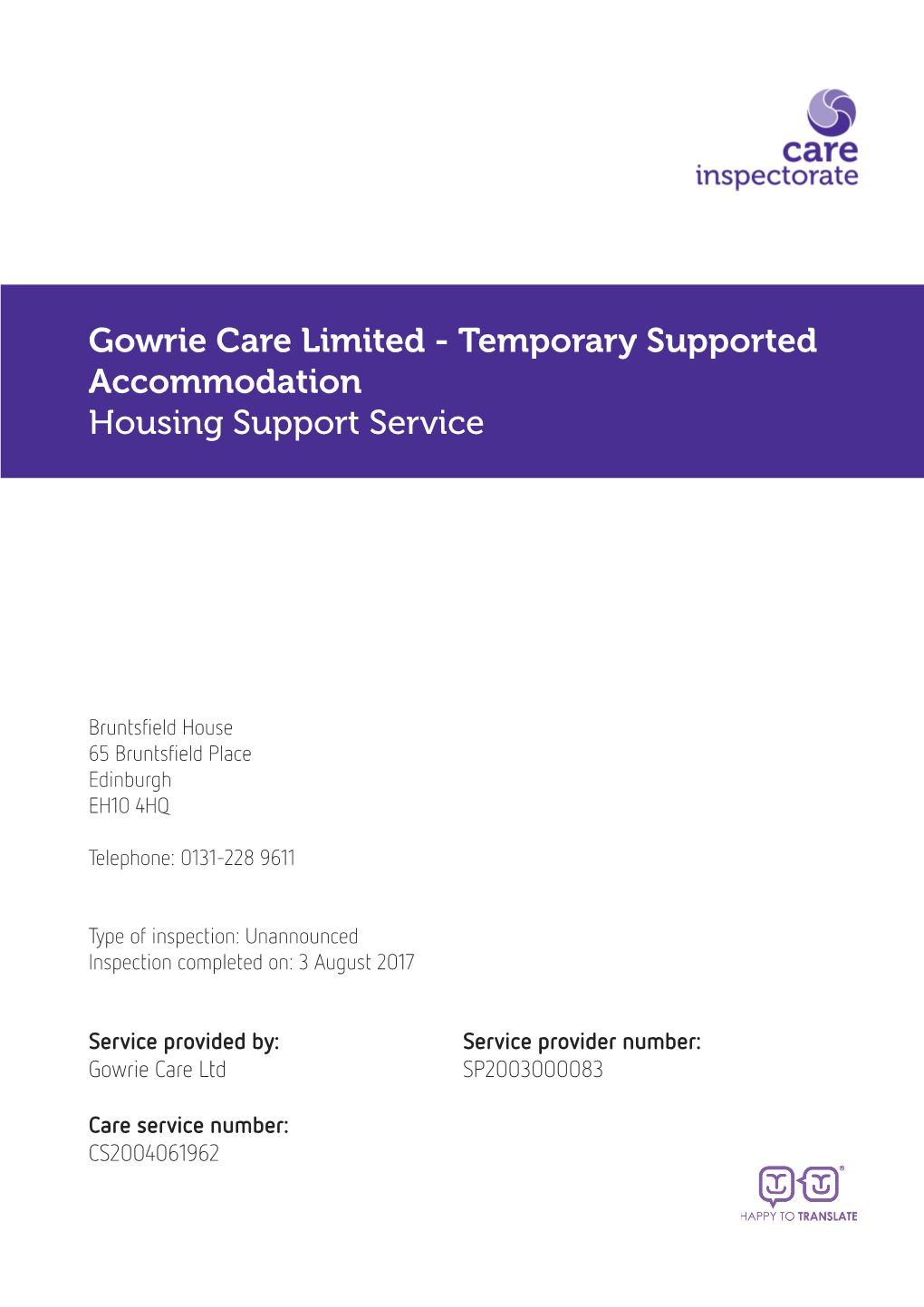 Gowrie Care Limited - Temporary Supported Accommodation Housing Support Service