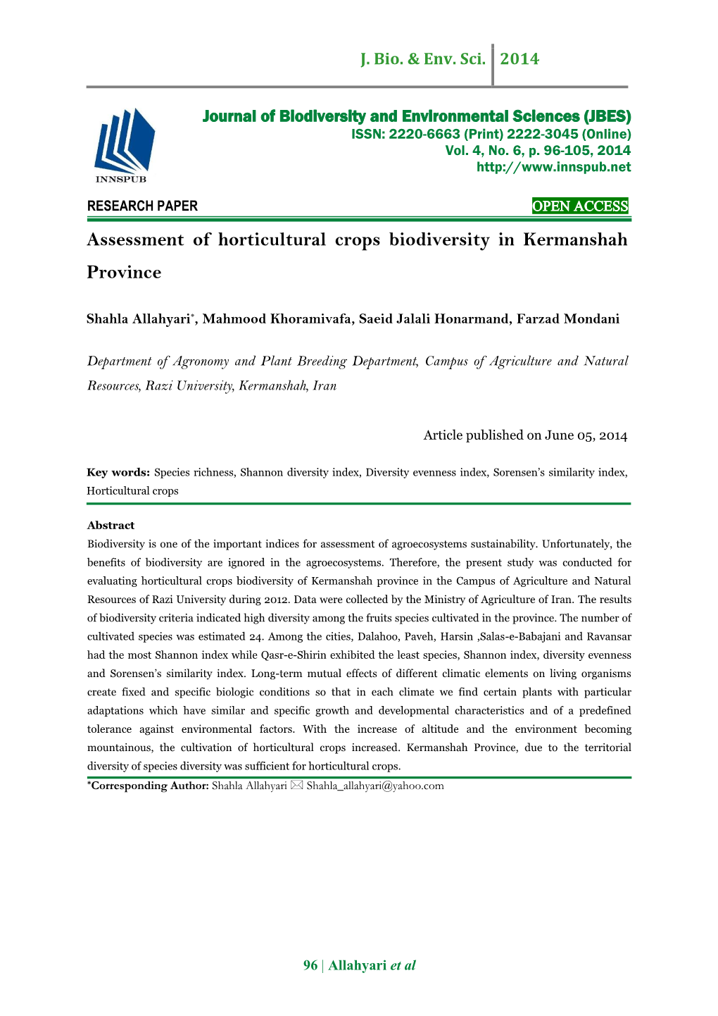Assessment of Horticultural Crops Biodiversity in Kermanshah Province