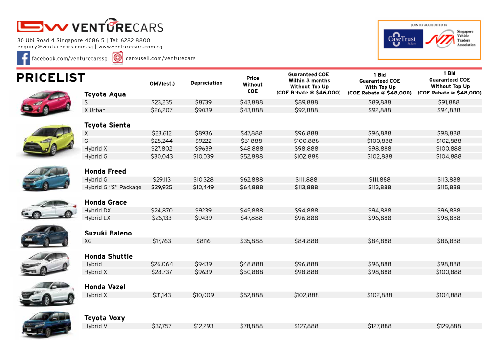 Venture Cars Pte Ltd Reserves the Rights to Use Open Cat COE(Cat E) for Registration of Vehicles Purchased Under Any Scheme