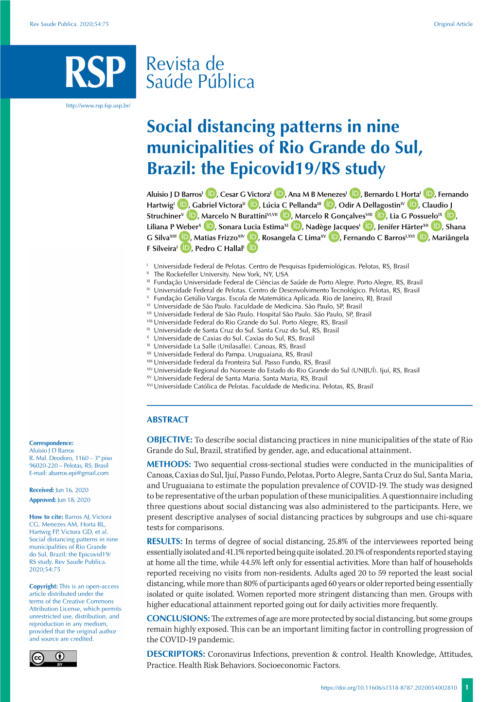 Social Distancing Patterns in Nine Municipalities of Rio Grande Do Sul, Brazil: the Epicovid19/RS Study