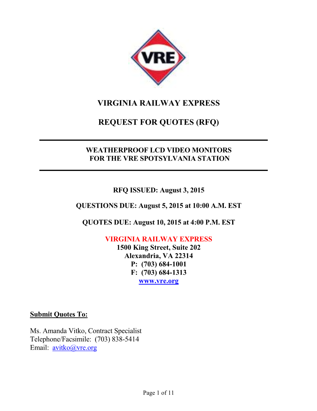 Virginia Railway Express Request for Quotes