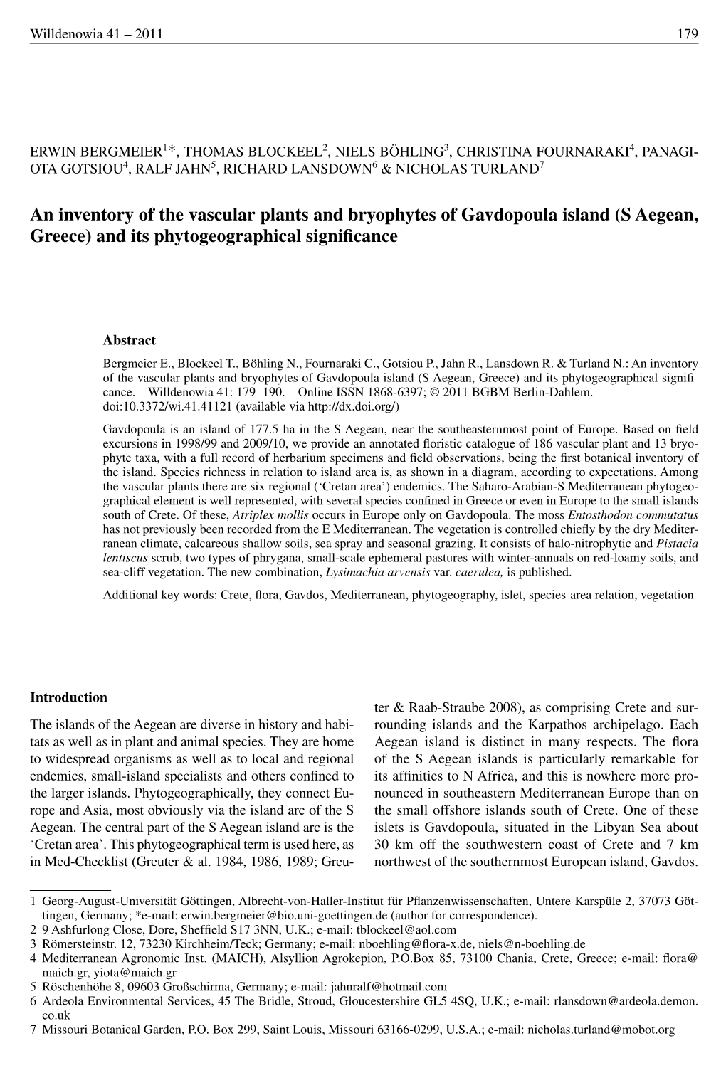 An Inventory of the Vascular Plants and Bryophytes of Gavdopoula Island (S Aegean, Greece) and Its Phytogeographical Significance