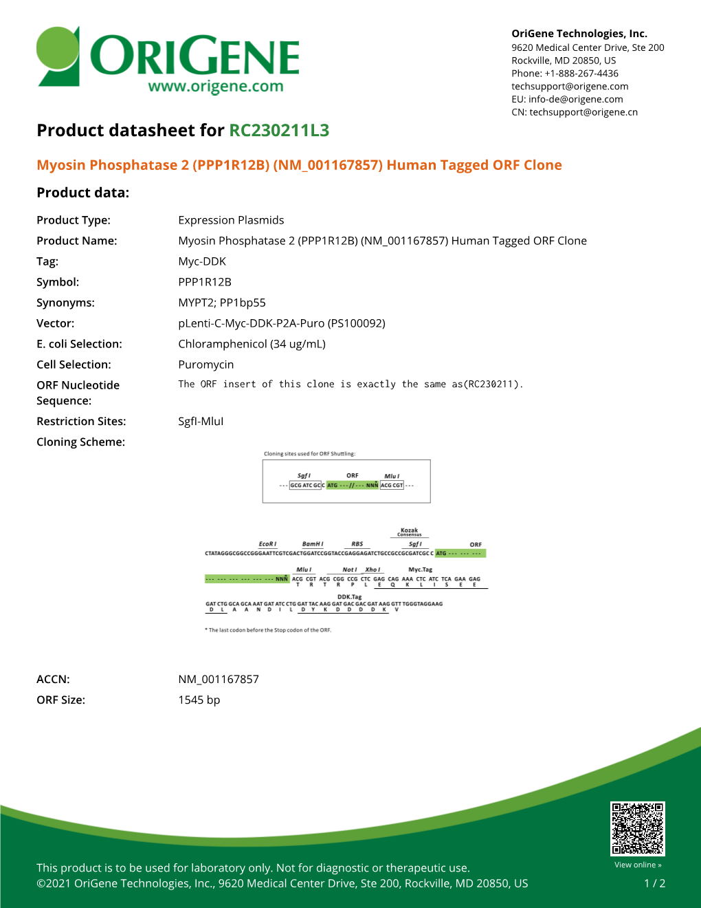 Myosin Phosphatase 2 (PPP1R12B) (NM 001167857) Human Tagged ORF Clone Product Data