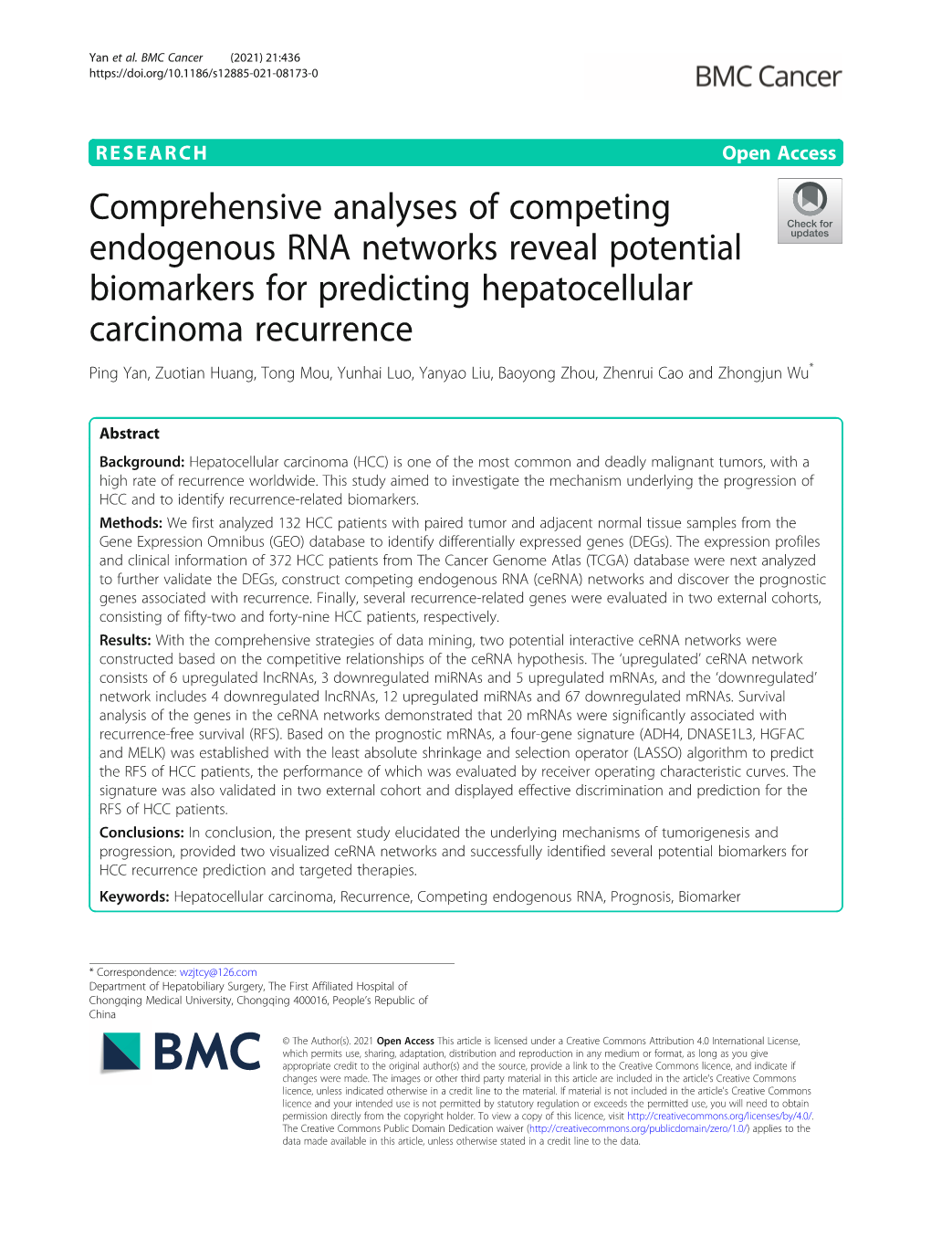 Comprehensive Analyses of Competing Endogenous RNA Networks Reveal Potential Biomarkers for Predicting Hepatocellular Carcinoma