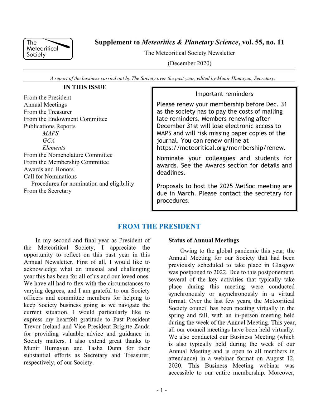 Supplement to Meteoritics & Planetary Science, Vol. 55, No. 11 from the PRESIDENT