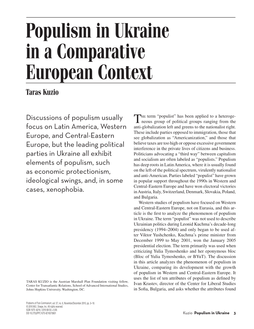 'Populism in Ukraine in Comparative European Context', Problems of Post-Communism, Vol.57, No.6