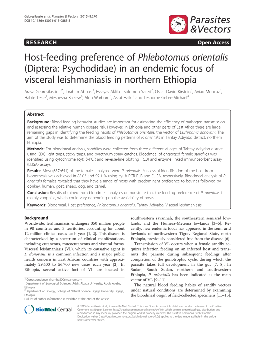 Host-Feeding Preference of Phlebotomus Orientalis (Diptera: Psychodidae) in an Endemic Focus of Visceral Leishmaniasis in Northe
