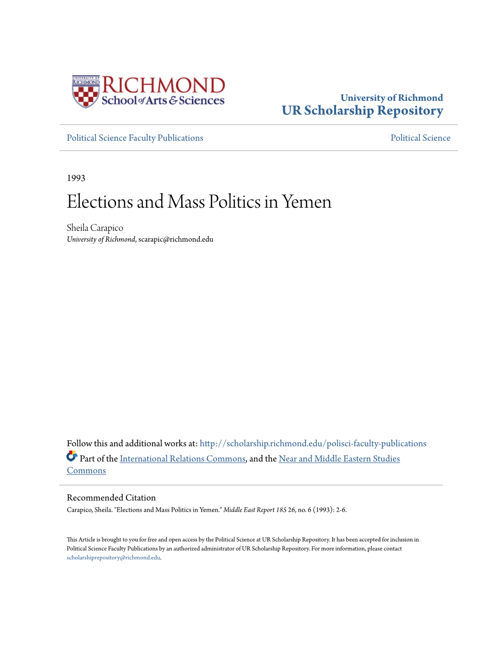 Elections and Mass Politics in Yemen Sheila Carapico University of Richmond, Scarapic@Richmond.Edu