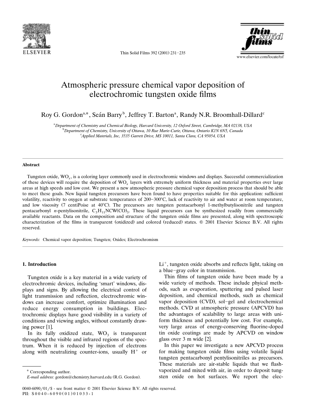 Atmospheric Pressure Chemical Vapor Deposition of Electrochromic Tungsten Oxide ﬁlms