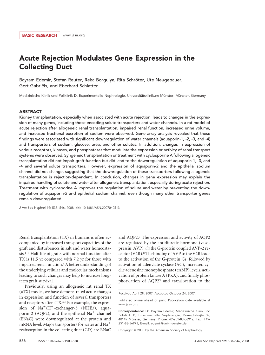Acute Rejection Modulates Gene Expression in the Collecting Duct