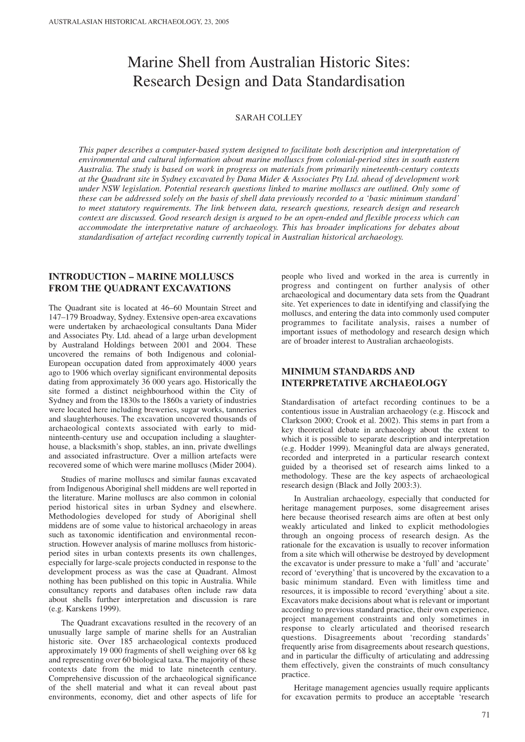 Marine Shell from Australian Historic Sites: Research Design and Data Standardisation