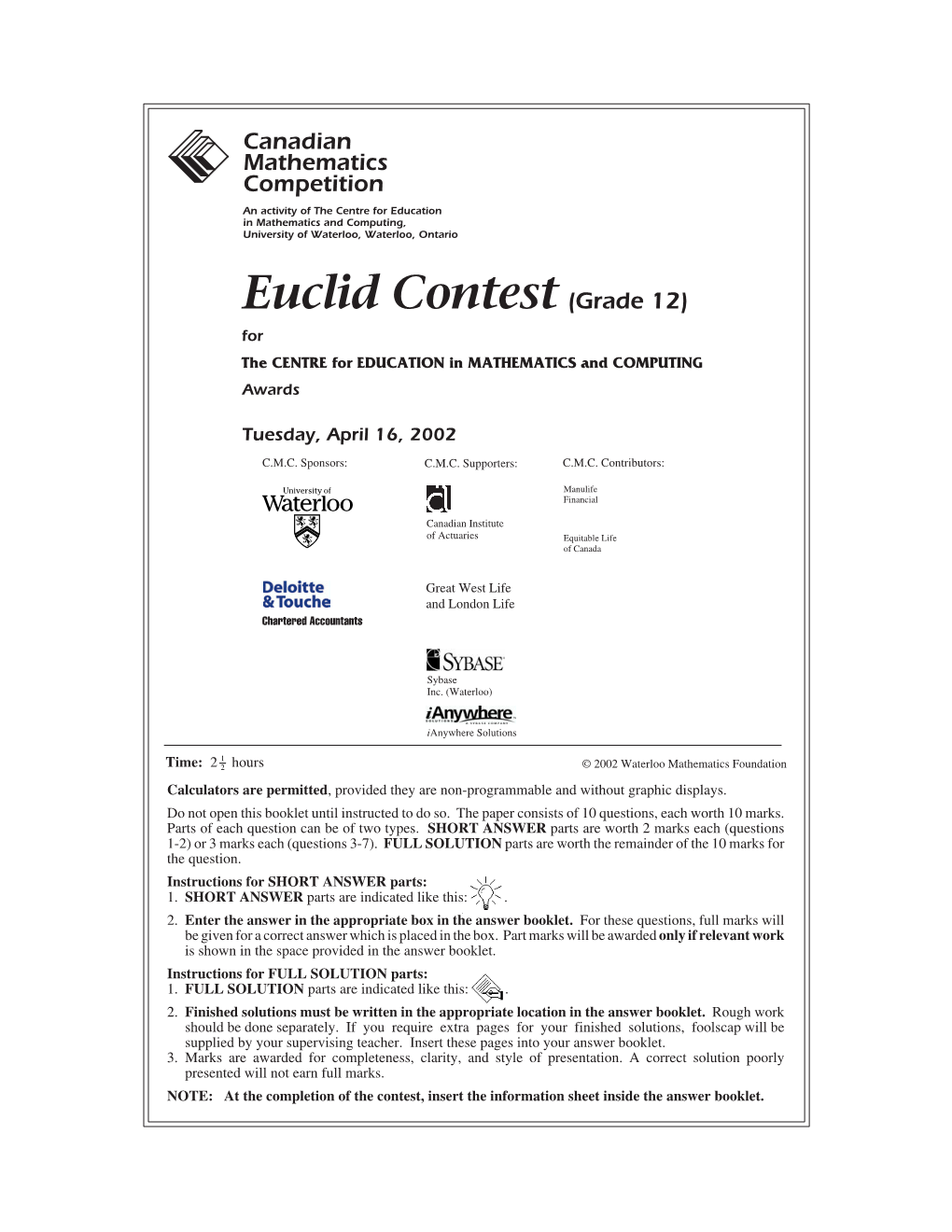 2002 Euclid Contest