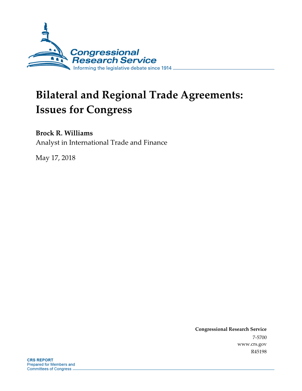 Bilateral and Regional Trade Agreements: Issues for Congress