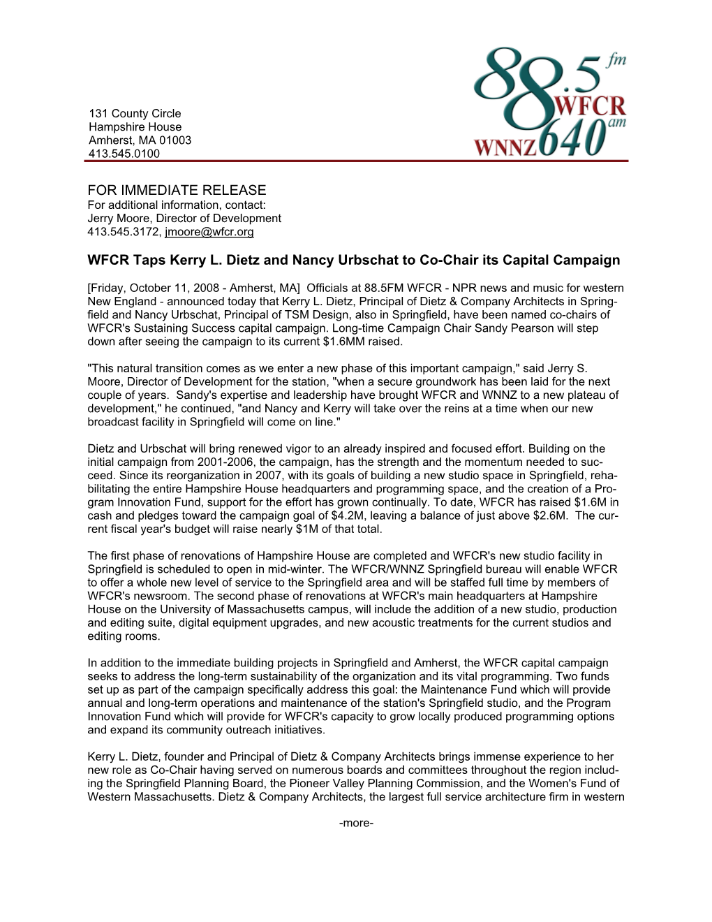 FOR IMMEDIATE RELEASE WFCR Taps Kerry L. Dietz and Nancy