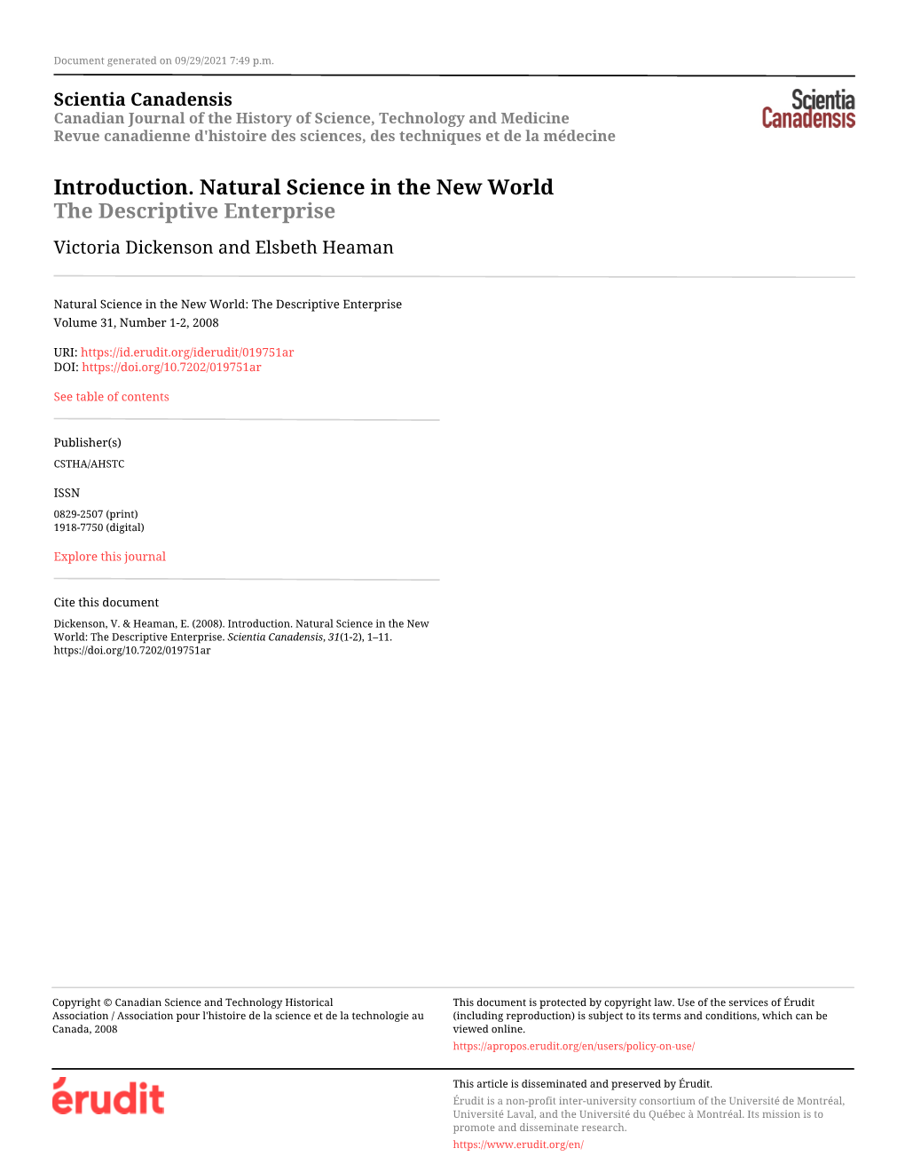 Introduction. Natural Science in the New World the Descriptive Enterprise Victoria Dickenson and Elsbeth Heaman