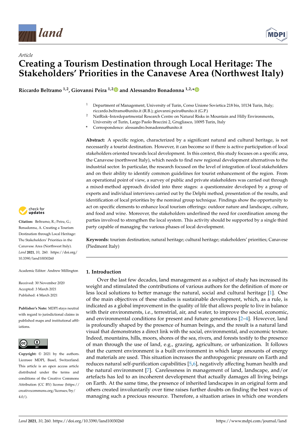 Creating a Tourism Destination Through Local Heritage: the Stakeholders’ Priorities in the Canavese Area (Northwest Italy)