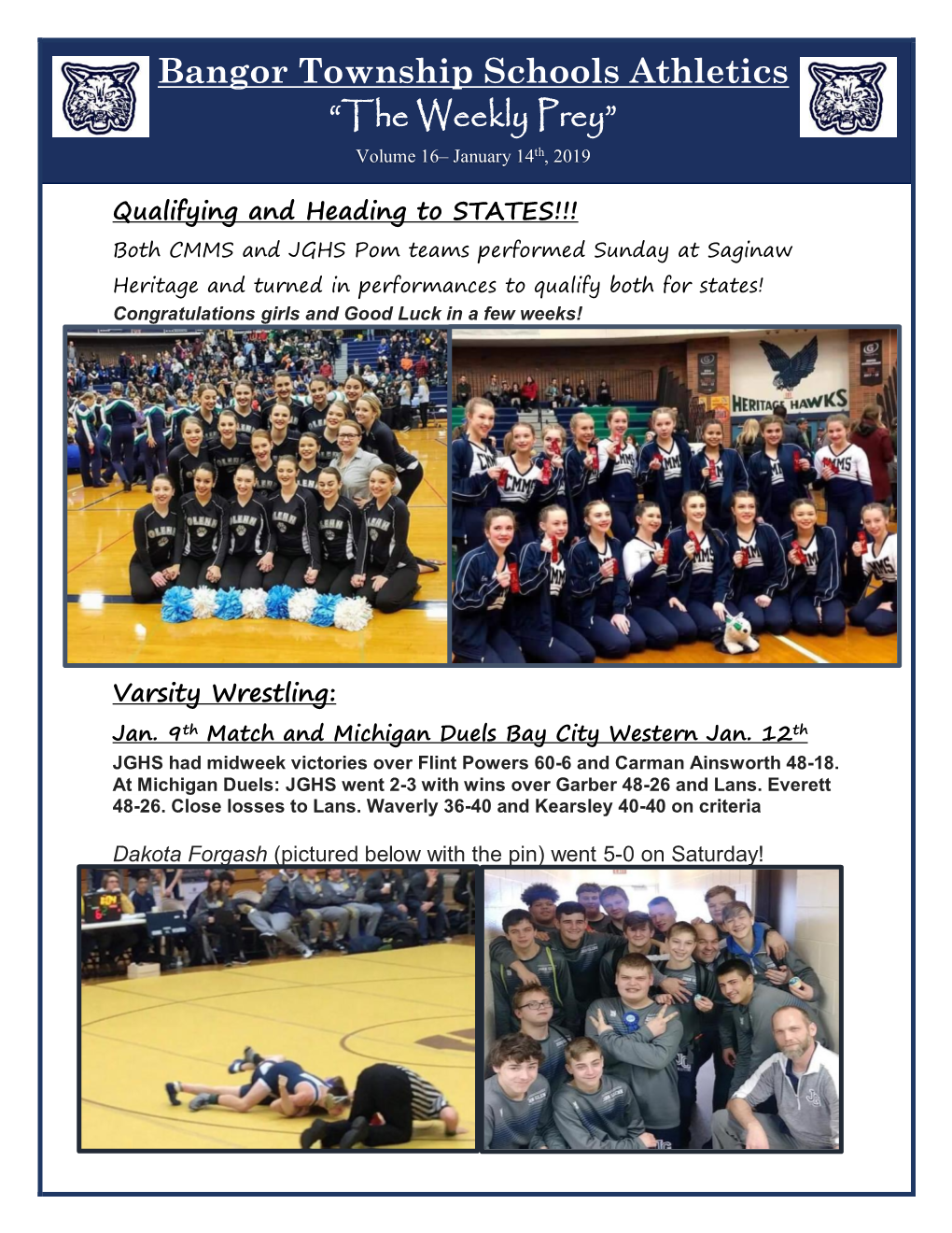 Bangor Township Schools Athletics “The Weekly Prey” Volume 16– January 14Th, 2019