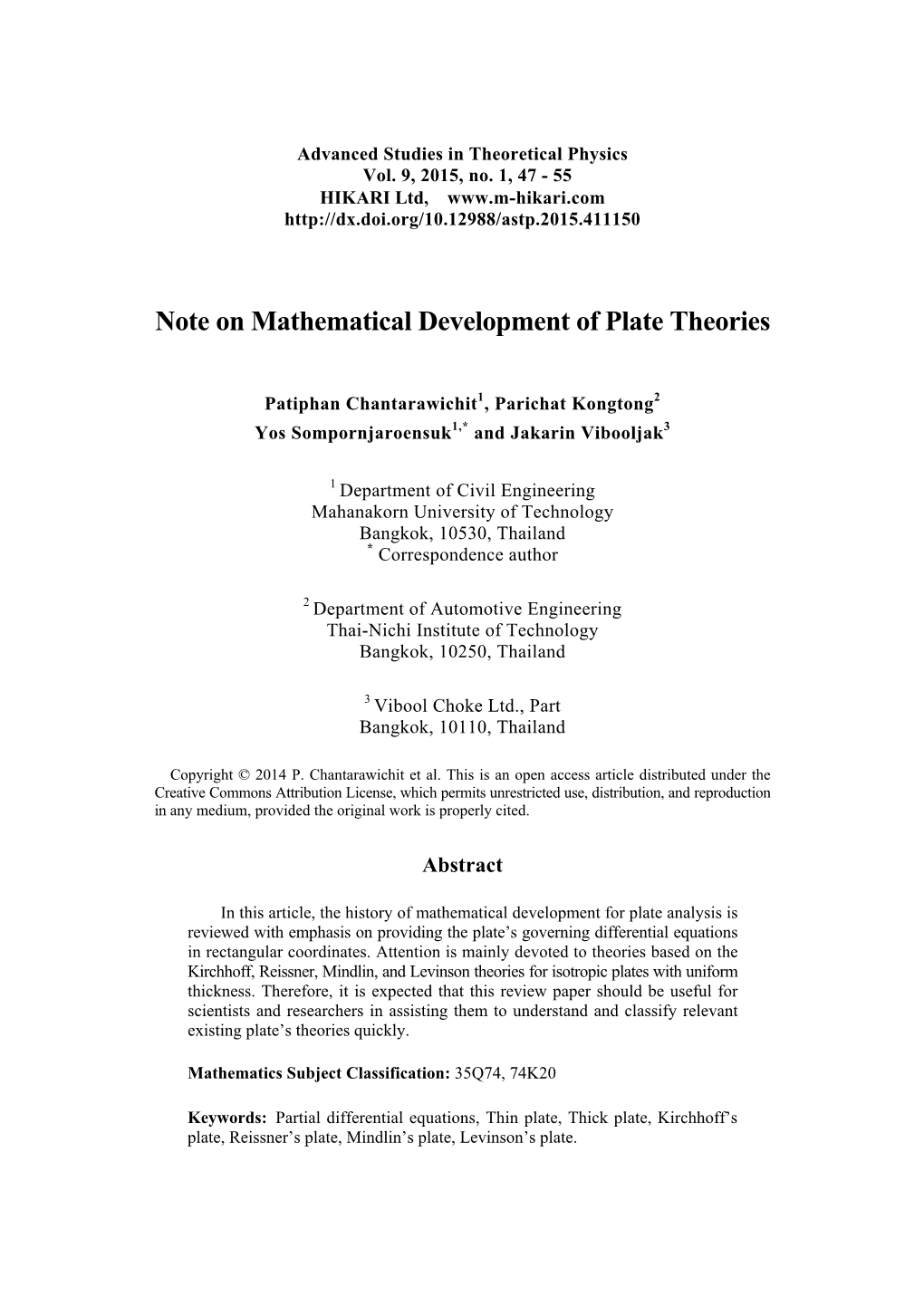 Note on Mathematical Development of Plate Theories