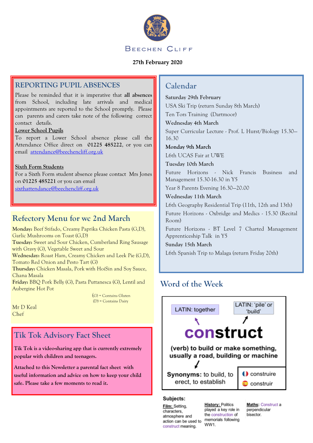 Calendar Refectory Menu for Wc 2Nd March Word