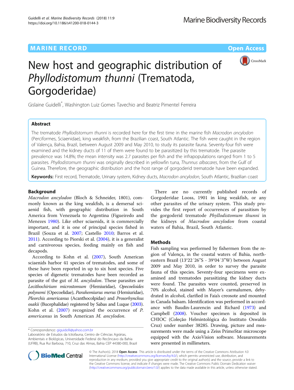 New Host and Geographic Distribution of Phyllodistomum Thunni