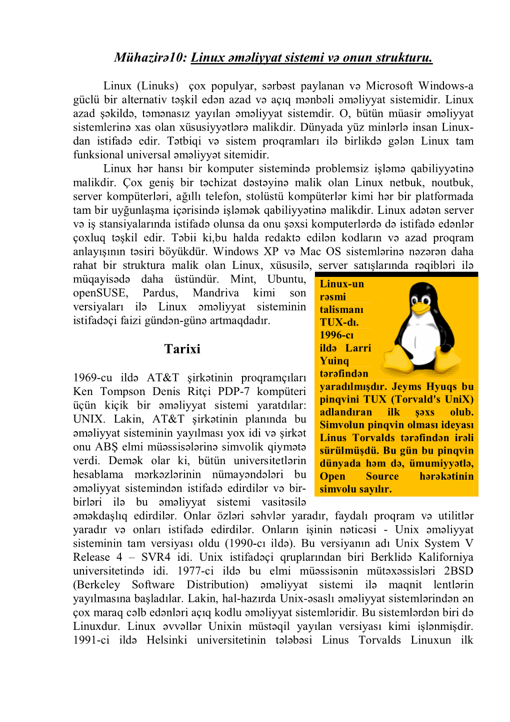 Linux Əməliyyat Sistemi Və Onun Strukturu. Tarixi