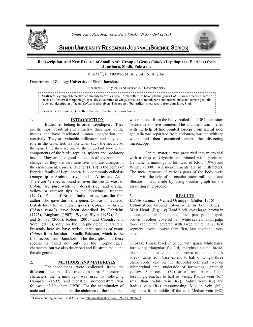 Redescription and New Record of Small Arab Group of Genus Colitis (Lepidoptera: Pieridae) from Jamshoro, Sindh, Pakistan