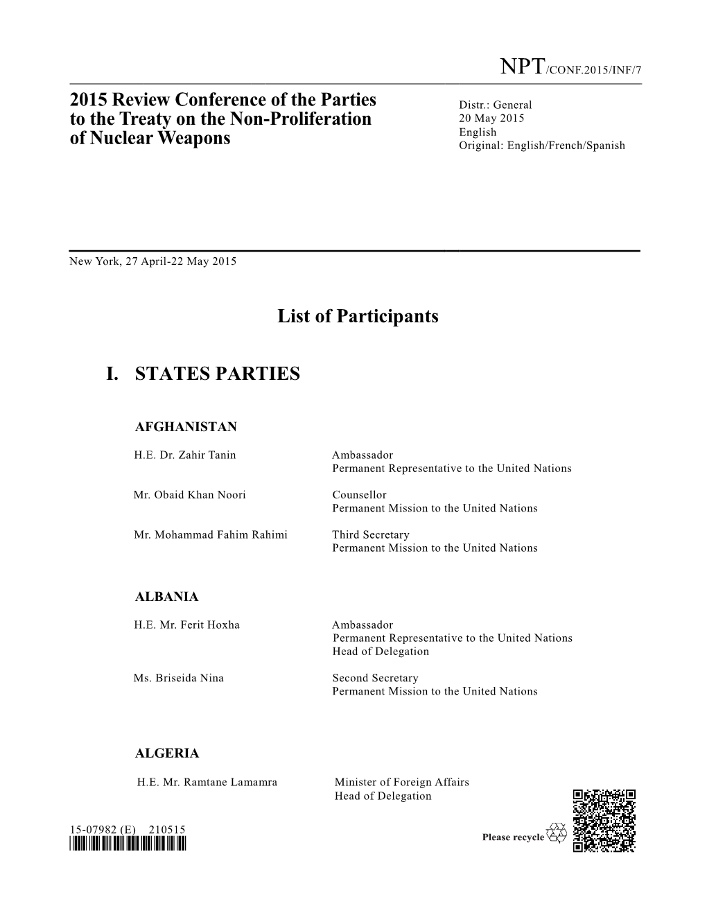 2015 Review Conference of the Parties to the Treaty on the Non-Proliferation of Nuclear Weapons List of Participants I. STATES P