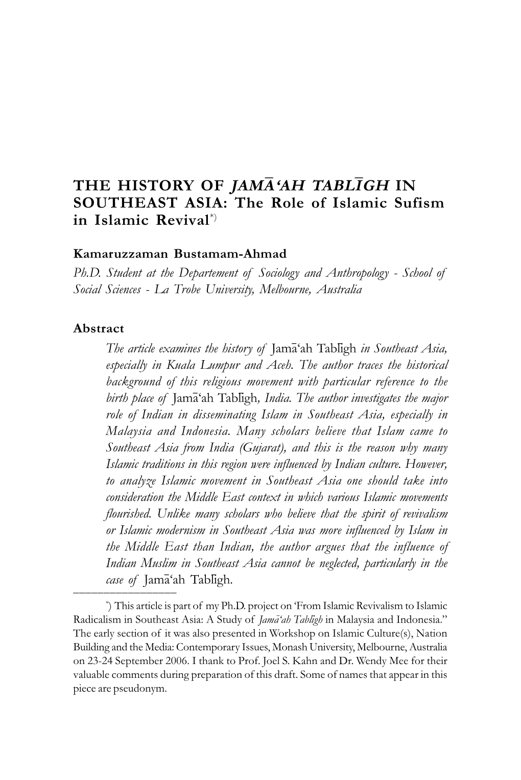THE HISTORY of JAMA&lt;'AH TABLI&lt;GH in SOUTHEAST ASIA