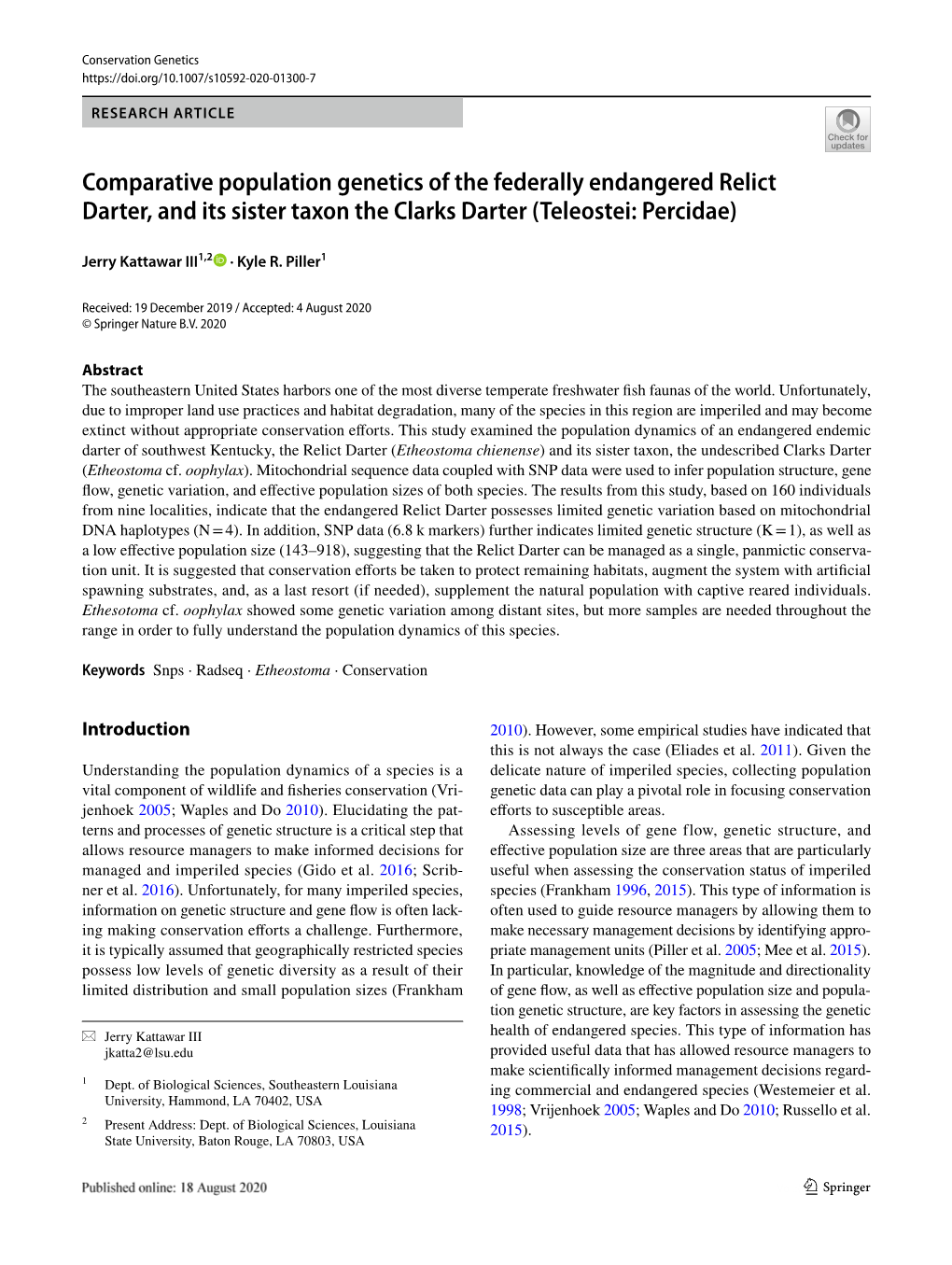 Comparative Population Genetics of the Federally Endangered Relict Darter, and Its Sister Taxon the Clarks Darter (Teleostei: Percidae)