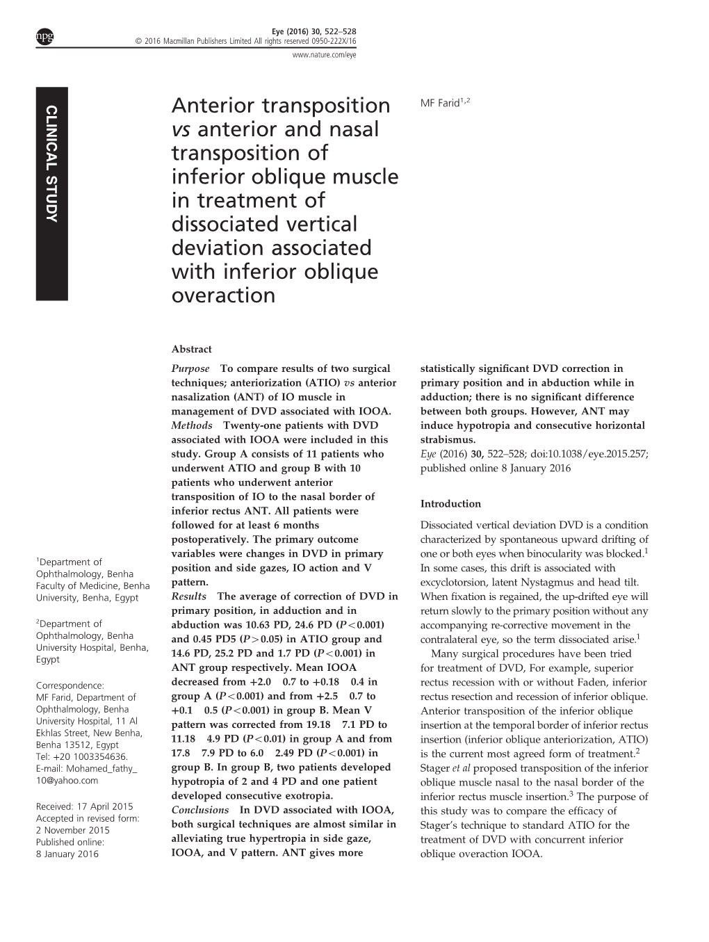 Anterior Transposition Vs Anterior and Nasal Transposition of Inferior Oblique Muscle in Treatment of Dissociated Vertical Devia