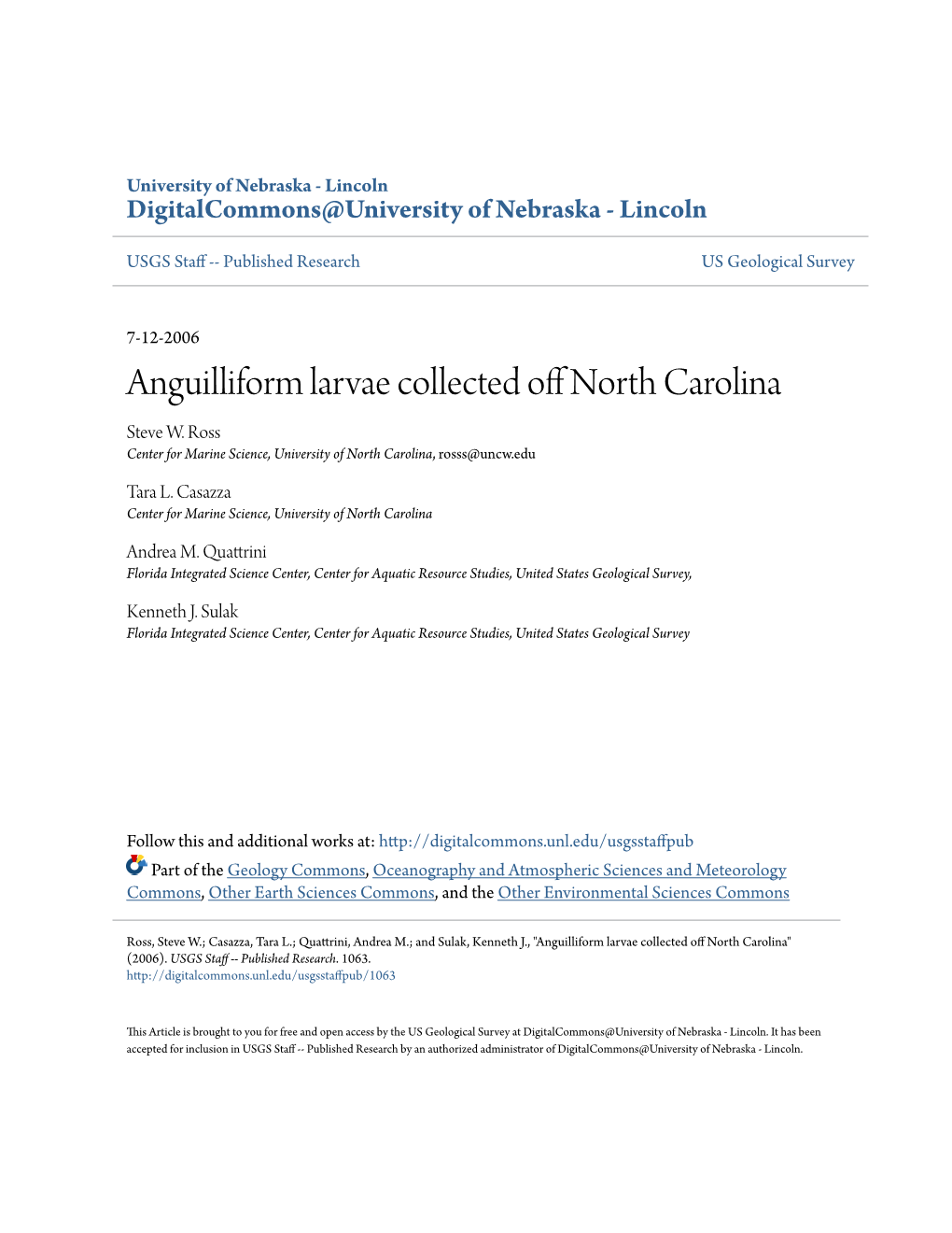 Anguilliform Larvae Collected Off North Carolina