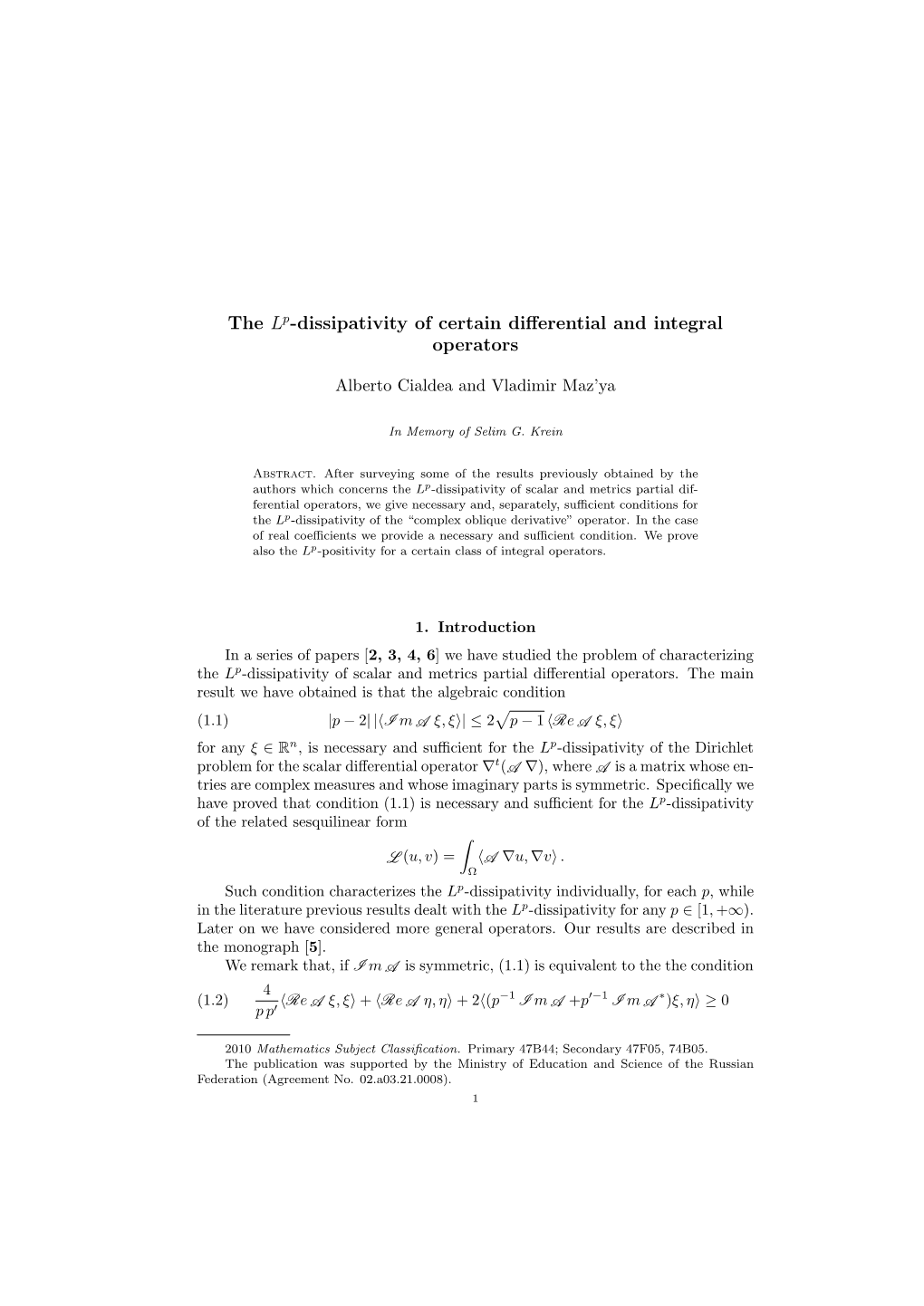 THE Lp-DISSIPATIVITY of CERTAIN DIFFERENTIAL and INTEGRAL OPERATORS 3