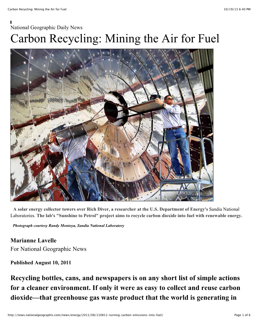 Carbon Recycling: Mining the Air for Fuel 10/19/13 6:40 PM