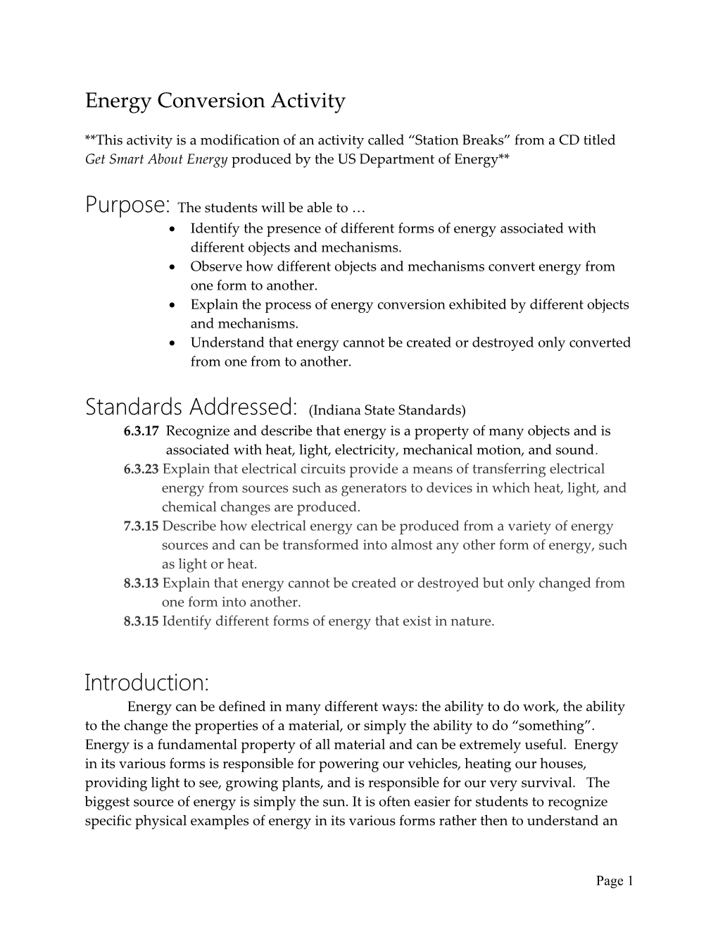 Energy Conversion Activity