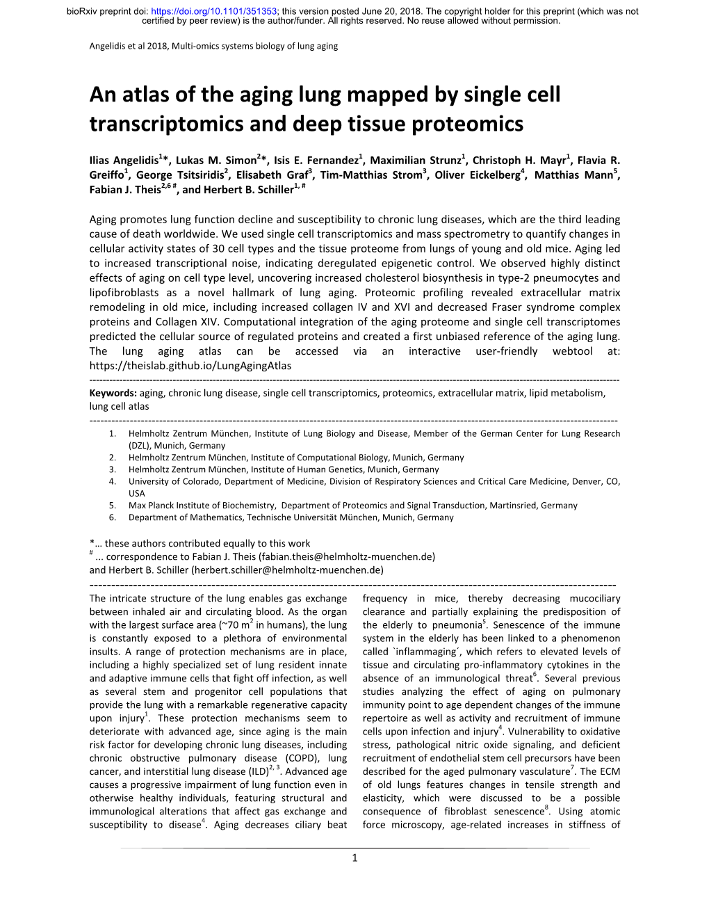 An Atlas of the Aging Lung Mapped by Single Cell Transcriptomics and Deep Tissue Proteomics